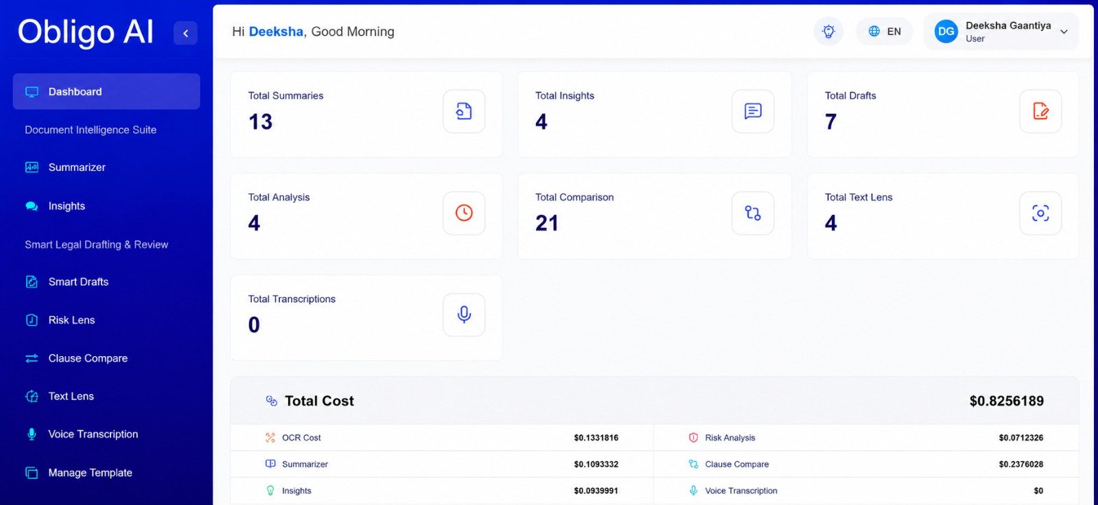 AI contract review software dashboard with risk analysis and insights